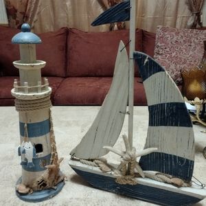 ⛵Vintage Wooden Rustic Lighthouse and Sailboat Beach Decor, Nautical⛵🌺
